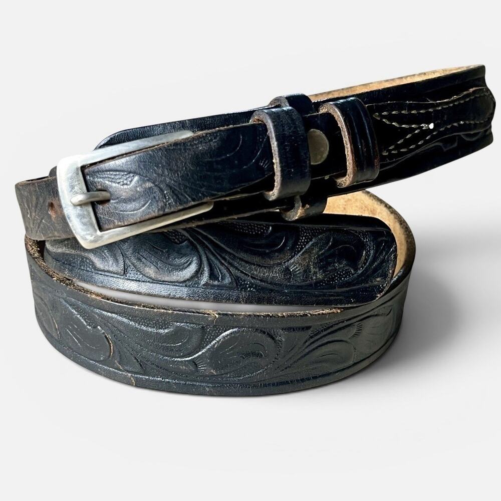 Vintage Steerhide Tooled Western Belt Black Top Grain Bridle Leather 36 Cowboy